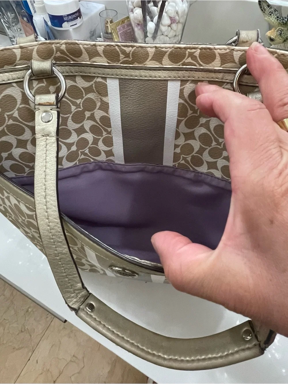Coach Beige Signature Stripe Tote with Gold Trim